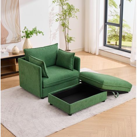 Sillón lounge 149x103,5x81 cm de terciopelo verde con puf de almacenaje – MEUBLIV (1/5)