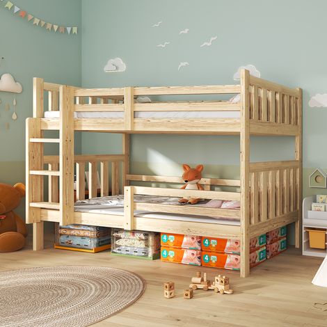 Lit superposé 90 x 190 cm en bois massif naturel avec sommier, avec barrière de sécurité, lit enfant avec echelle, 2 places, séparables, enfant interbeds (1/5)