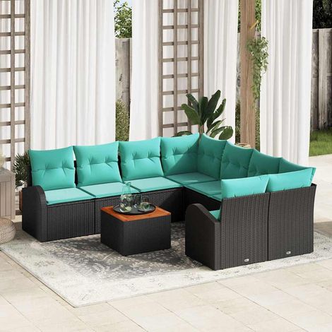 Salon de jardin modulable 9 pièces en polyrotin noir et turquoise, avec rangement - PANGIVO (1/5)