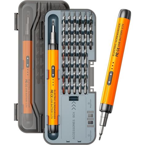 FLAMMKRAFT-Mini tournevis électrique 46 en 1 - Longue autonomie, fonctionnement silencieux, rechargeable, kit d'outils portable pour la réparation de la maison - Orange (1/5)