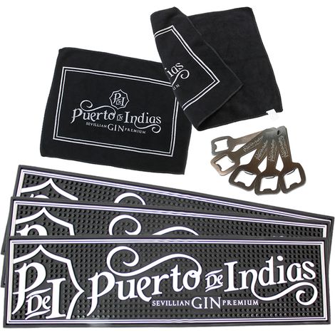 Pack Puerto de Indias 2 Toallas de Mano Negro 43x32cm - 5 Abridor de Botellas Plata 10,5x4cm - 3 Almohadilla Posa Copas-Vasos 61x1x16,5cm - PUERTO DE INDIAS - SpazioLuzio