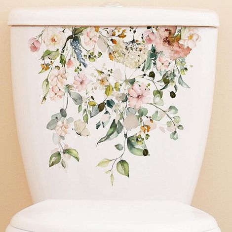 Autocollant WC motif tropical vert, fleurs et feuilles, décoration murale pour salle de bain, autocollant WC autocollant (lot de 2) (1/4)