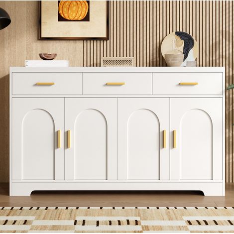 Buffet enfilade blanc 140 cm 3 tiroirs MDF, HAVRYA (1/5)