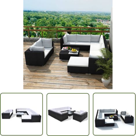 The Living Store 10-tlg. Garten-Lounge-Set mit Auflagen Poly Rattan Schwarz - Gartenmöbel Set - Rattan Gartenmöbel - Outdoor Lounge Set - Pool Party Deko - Gartenparty Ausstattung (1/5)