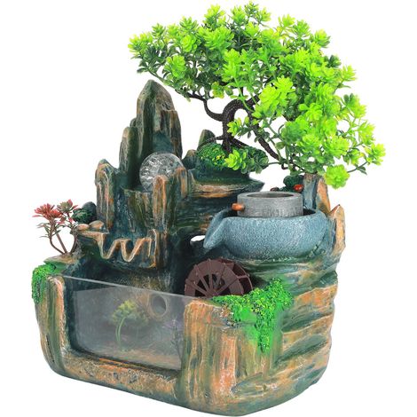 Tischbrunnen, kleiner Steingarten-Wasserrad, Tisch-Fischbehälter, Feng-Shui-Dekoration für den Innenbereich, EU AC 220–240 V (1/5)
