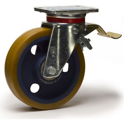 Roulette pivotante à frein diamètre 80 polyuréthane FORTHANE® marron jante fonte - 200Kg (1/2)