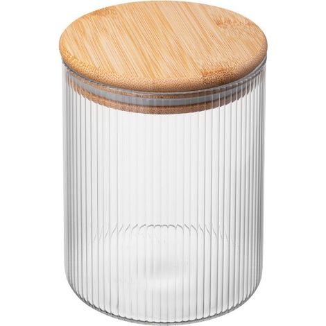 Recipiente de vidrio redondo estriado Jeff de 700 ml, madera de bambú, tapa de silicona, junta de vidrio de borosilicato