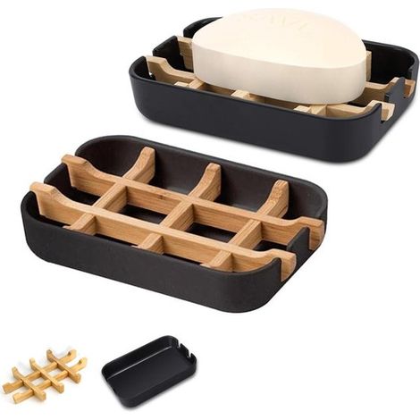 Jabonera, 2 piezas, Jabonera con bandeja de bambú, Cajón extraíble, Caja de jabón, Jabón de manos, Mantiene el jabón seco e higiénico, Negro (1/5)