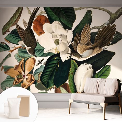Papier peint intissé mural pour salon chambre à coucher tendance et originale - Colle incluse gratuite Oiseaux et magnolias 312x219 cm (1/5)