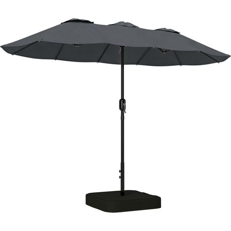 Parapluie double à 12 baleines avec manivelle, pied en croix et housse de protection, en métal et polyester, 3 x 1,5 m, gris foncé (1/5)