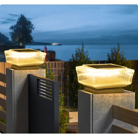 Deux lampes piliers solaires, éclairage décoratif, design rayé, capuchon noir, lumière chaude, 7,512,512,5 cm. (1/5)