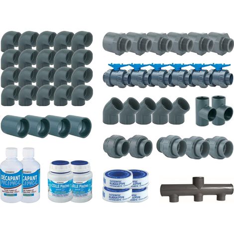 Kit plomberie complet pour piscine 10 x 5 m – Raccords Ø 50 mm en PVC – Collecteur d'aspiration 3 entrées – Vannes à coller incluses – Aquazendo