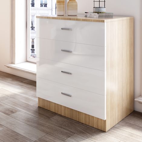 ELEGANT Designs Chest of Drawer High Gloss Bedroom Furniture 4 Drawers with Metal Handles Bedside Cabinet Storage NightStand White/Oak