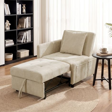 Fauteuil Convertible 1 Place, Fauteuil-Lit Clic-Clac 4 en 1 Rembourré en Chenille, Dossier Réglable, Assise Large, Beige (1/5)