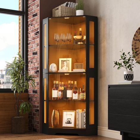 Vitrine de rangement 40x40x165 cm avec LED RGB, 4 portes vitrées, étagères réglables, meuble cuisine en bois - noir (1/5)