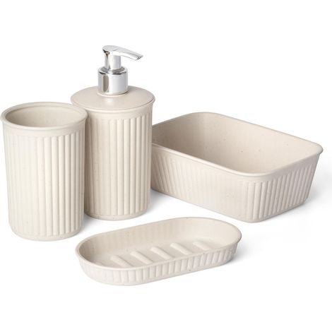 TATAY Baobab ECOHOME, set da 4 pezzi (bicchiere + dispenser di sapone + portasapone + organizer A6) in polipropilene, senza BPA, plastica riciclata al 100%, beige (1/3)