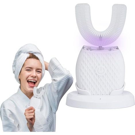 Brosse à dents électrique ultrasonique, brosse à dents électrique ultrasonique automatique à 360°, brosse à dents électrique en forme de U pour adultes (blanche) (1/5)