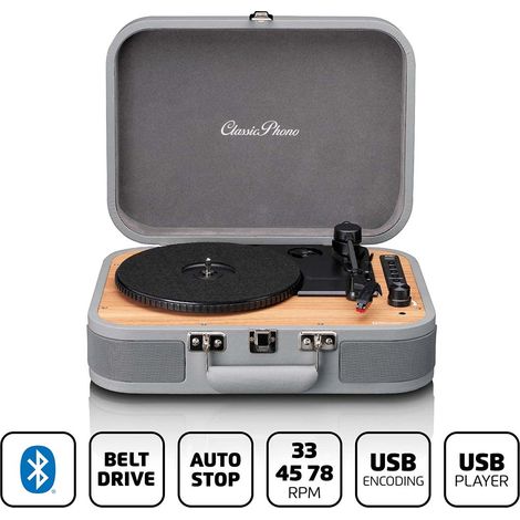 Classic Phono - TT-116 Bluetooth Turntable with 3 speeds, 33, 45 and 78 RPM, Vintage Vinyl Turntable de, RCA Output, Stereo Speaker, Grey (1/5)