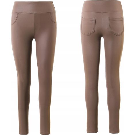 Leggings de mujer de talle alto de imitación de cuero, modernos y elegantes, marca Moraj, talla L, color beige. (1/5)