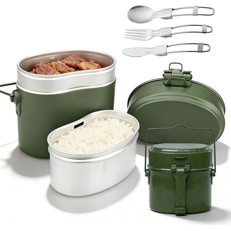 Boîte À Mess Militaire, 1,8 L Gamelle Militaire Antidérapante en Aluminium avec Couteau, Fourchette Et Cuillère Pliables, Kit De Gamelle Militaire D'extérieur, Vaisselle De Camping De L'armée