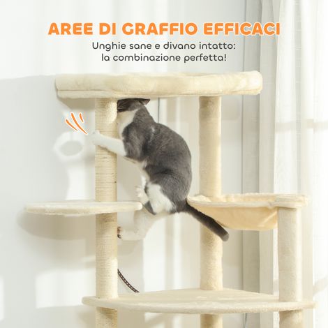 Arbre à chat beige 200 cm, multi-étages avec 2 niches, 2 perchoirs et hamac, structure idéale pour 2-3 félins. (1/5)