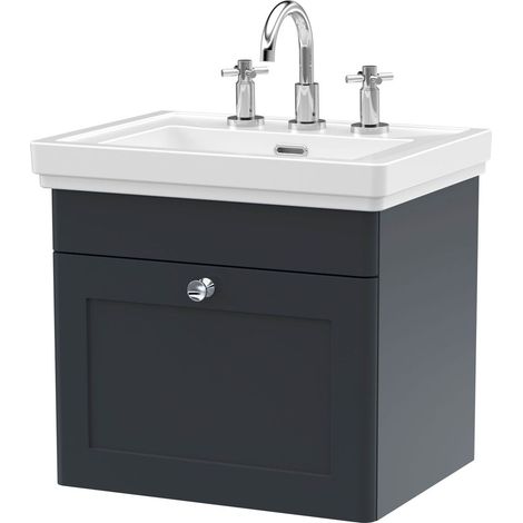 Swynnerton Traditional 1 Drawer Wall Hung Vanity Unit with Basin, Dark Grey, 500mm (1/4)