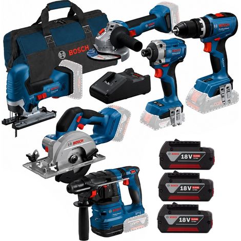 Bosch 18V Brushless 6 Piece Tool Kit Ginder SDS JigSaw 3 x 5.0Ah Battery Charger (1/5)