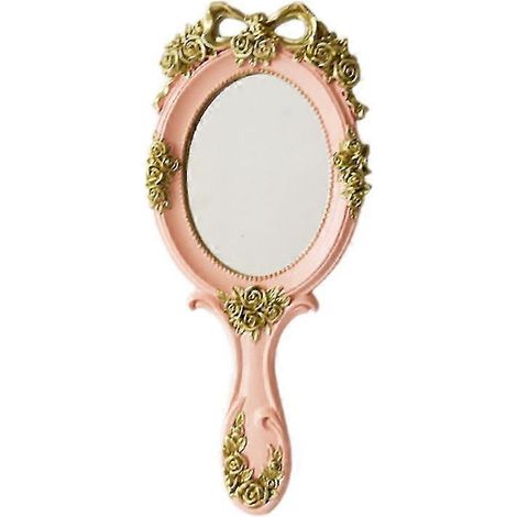 Niedlicher Vintage-Handspiegel, Make-up-Kosmetikspiegel, tragbarer Kosmetikspiegel mit Griff für Geschenke, Rosa (1/2)