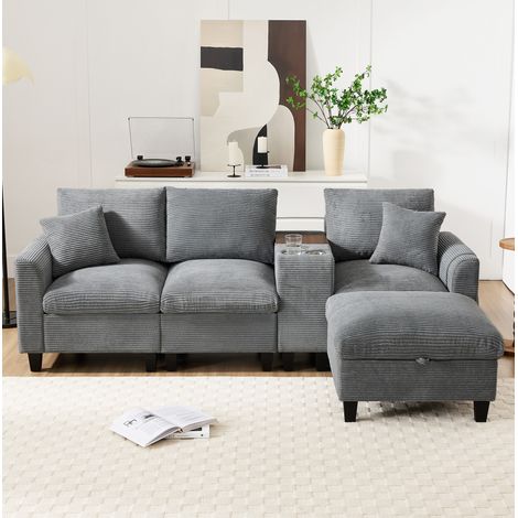 Modulares 4-Sitzer-Ecksofa aus geripptem Samt in Grau mit USB, OKMYHOME (1/5)