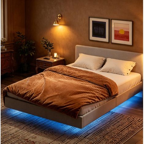 Doppelbett 140x190 cm Beige Leinen und Metall mit RGB-LED, Lattenrost und schwebender Optik (1/5)