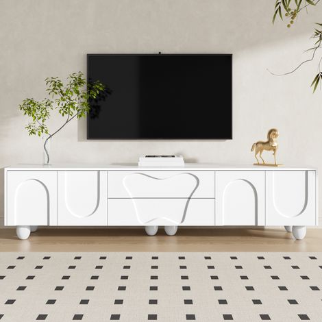 Meuble TV 180x40x42 cm, Banc de télévision pour salon moderne avec rangements et tiroirs, Style scandinave en bois de, Blanc (1/5)