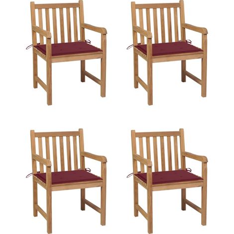 Sillas de jardín 4 uds madera de teca con cojines rojo tinto
