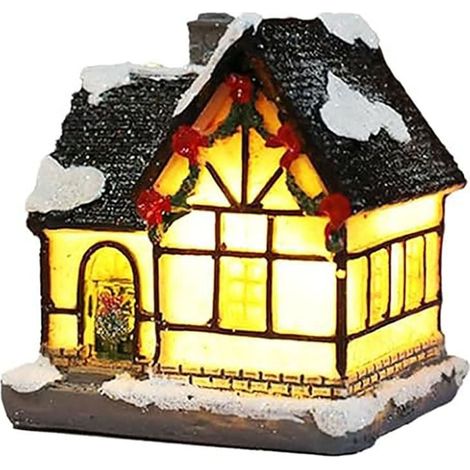 Maison De Village De Noël - En Résine - Avec Éclairage À Piles - Décoration De Table Et Étagère - Lot De 1 (1/5)