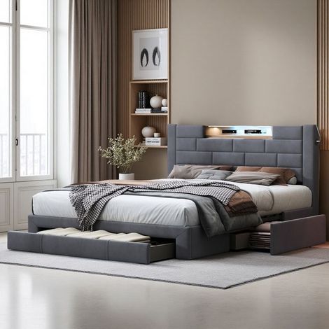 Cama doble 140x200 - Cofre con cajones - Iluminación RGB - Terciopelo gris - 2 plazas