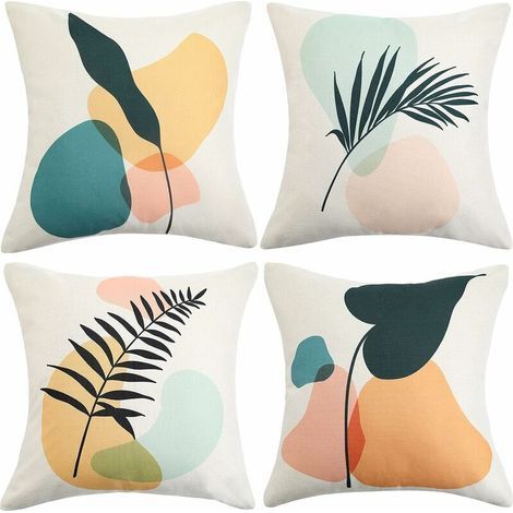 Kissenbezug 45 x 45 cm, Dekokissen, Sofabezug, Kissen mit gelben und grünen Blättern, Landhausstil, Leinen-Kissenbezüge, 4er-Set, abstrakte Bettkissen-Sofa-Dekoration (1/5)