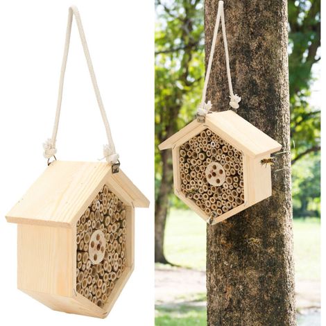 【Insect Hotel】 Natural Wooden Bee House Decorative Hanging Insect Habitat with Bamboo Rods (7.8x7.3x3.4in) - Garden Supplies