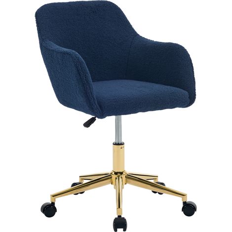 Fauteuil de bureau en tissu Teddy bleu foncé, hauteur réglable, base dorée, rotation 360° (1/5)