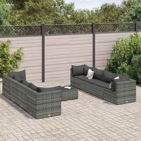 9-tlg. Garten-Lounge-Set mit Kissen Grau Poly Rattan (1/5)
