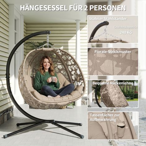 Fauteuil suspendu pour 2 personnes, panier pliable avec grand coussin d'assise, sable, 130 x 103 x 172 cm (1/5)