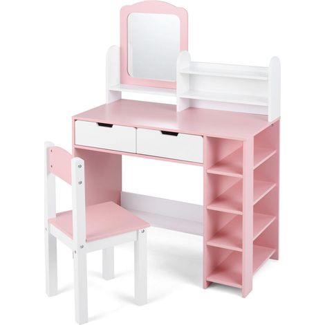 Rangement pratique, coiffeuse enfant avec miroir, étagères ouvertes, 2 tiroirs et chaise pour chambre (1/3)