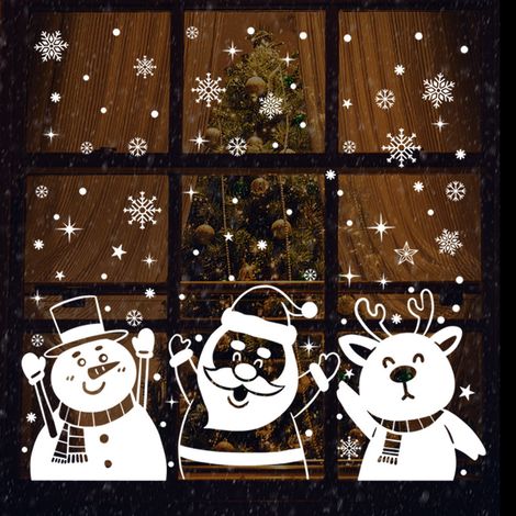 Autocollants de Noël pour vitrines, décorations de Noël, décorations de vitrines en verre, autocollants Père Noël blanc, bonhomme de neige et rennes