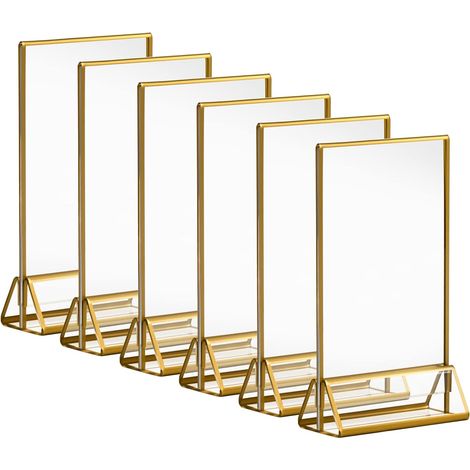 Porte-panneaux en or Acrylique 10x15cm, 4x6'' Cadres d'images Claires avec Bordures Dorées et Support Vertical, Support de Menu de Table Double Face pour les Numéros de Table de Mariage, Lot de 6