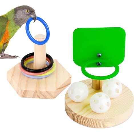 Lot de 2 Jouet Perroquet, Basket Anneau Empiler Bois ABS, Formation Intelligence Perruches Calopsitte