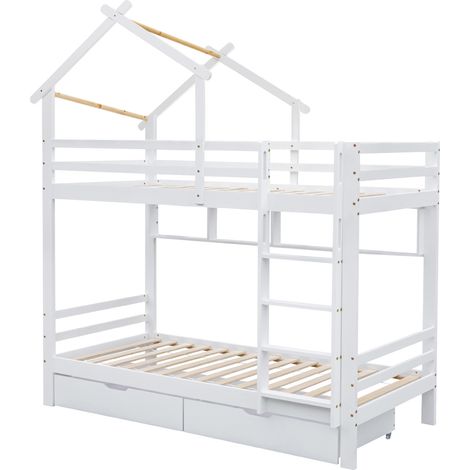 Litera infantil tipo casita con cajones y estantes 90x200 cm blanca (1/5)
