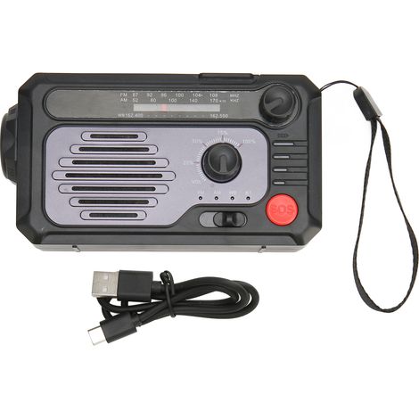 Radio d'urgence à manivelle, AM/FM, Bluetooth, chargement USB-C, lampe torche, lampe de lecture LED et alarme SOS. (1/5)