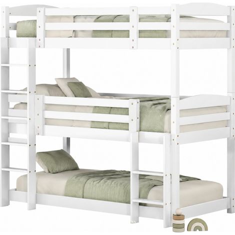 Letto a castello triplo 90x200 cm in legno bianco, per bambini, trasformabile in letti separati, robusto e salvaspazio, con sponde alte, CHICFURN (1/5)