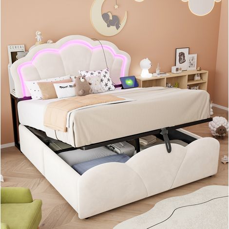 Letto imbottito 140x200 cm con contenitore idraulico, LED, prese e velluto beige (1/5)