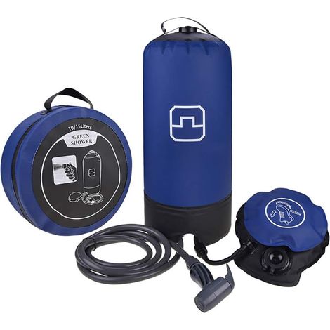 Sac d'eau de douche à chauffage solaire de 11 litres, douche rapide pour douche de camping, douche portable avec pompe à pied, bain de lavage de voiture Bleu