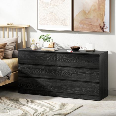 Kommode mit 6 Schubladen, moderne Kommode für Wohnzimmer/Büro, 140 x 40 x 71 cm, schwarze Holzmaserung