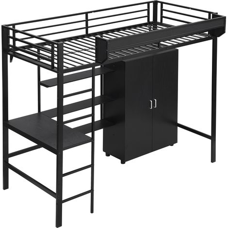 Lit en fer superposé, adapté aux enfants et adolescents, avec table et armoire, nombreux espaces de rangement, avec échelle à 5 marches, fer + panneau de particules, noir, 90x200cm (1/5)